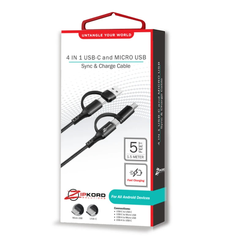 Zipkord 4 in 1 USB-C & Micro USB Sync & Charge Cable – 5ft – Black