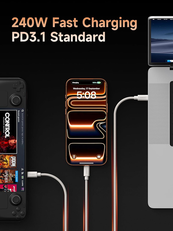 Hagibis Wedge Joint USB-C Cable, 240W Fast Charging Cable Flexible USB Type C Ca gallery