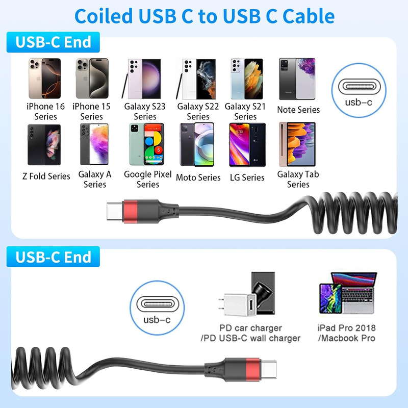 Coiled USB C to USB C Cable, 2 Pack 3FT USBC Car Charger Cord, USBC to USBC Coil gallery