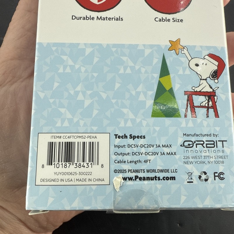 Peanuts Snoopy USB C To USB C Cable 4 Ft Christmas Holiday Charging Cord TREE gallery