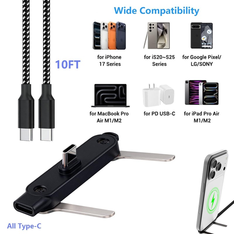 10FT 2-in-1 USB C to USB C Cable, 240W Fast Charging & Data Transfer, Foldable S gallery