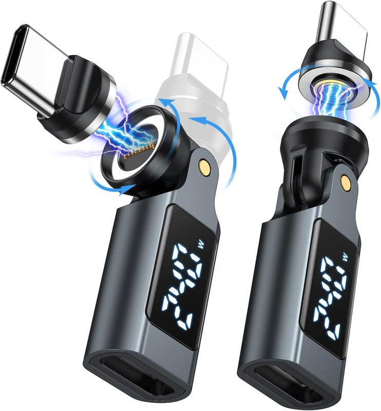USB C Magnetic Adapter PD 240W(2Pack), 9PIN USB C 90 Degree Adapter with LED Dig