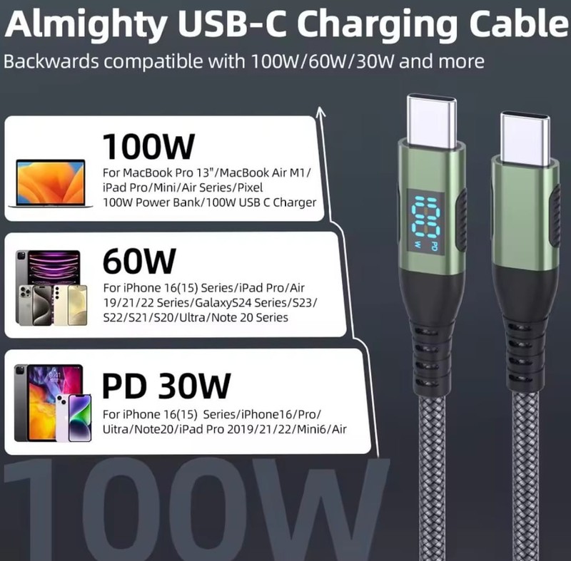 100W USB-C PD Fast Charging Cable 5A LED Display Nylon Braided MacBook iPhone gallery