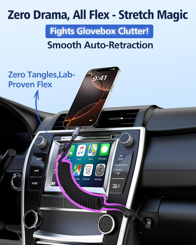 3Ft Carplay Cable for Iphone 17 16 15, [USB-IF Certified] Coiled USB-A to USB-C gallery