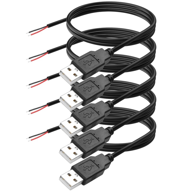 5 PCS 22AWG USB A 2.0 Male Plug To 2 Pin Bare Wire Open End Repair Cable