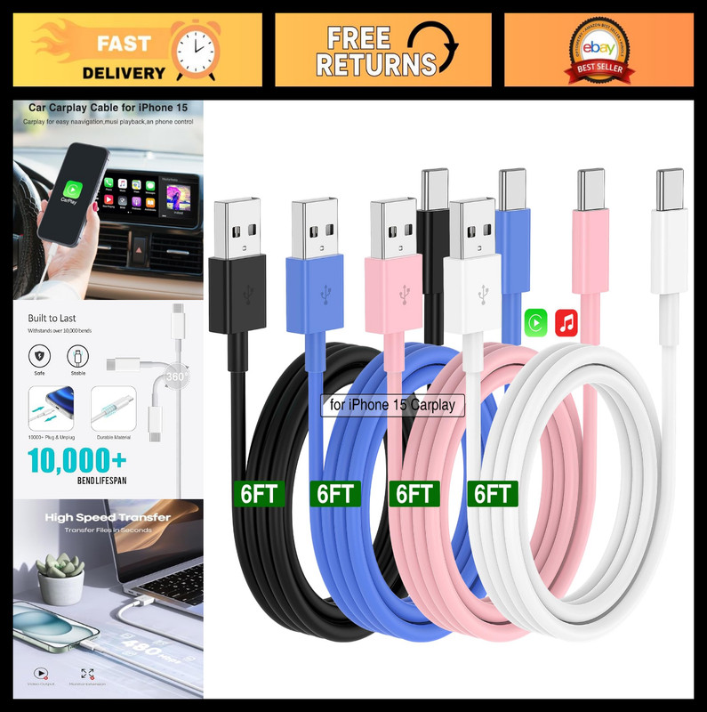 iPhone CarPlay Cable 4-Pack, 6FT USB A to USB C Charger Cord for iPhone 17/16/15