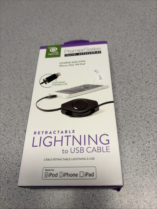 ReTrak Premier Retractable iPhone to USB Cable – 3.2ft, Black NEW
