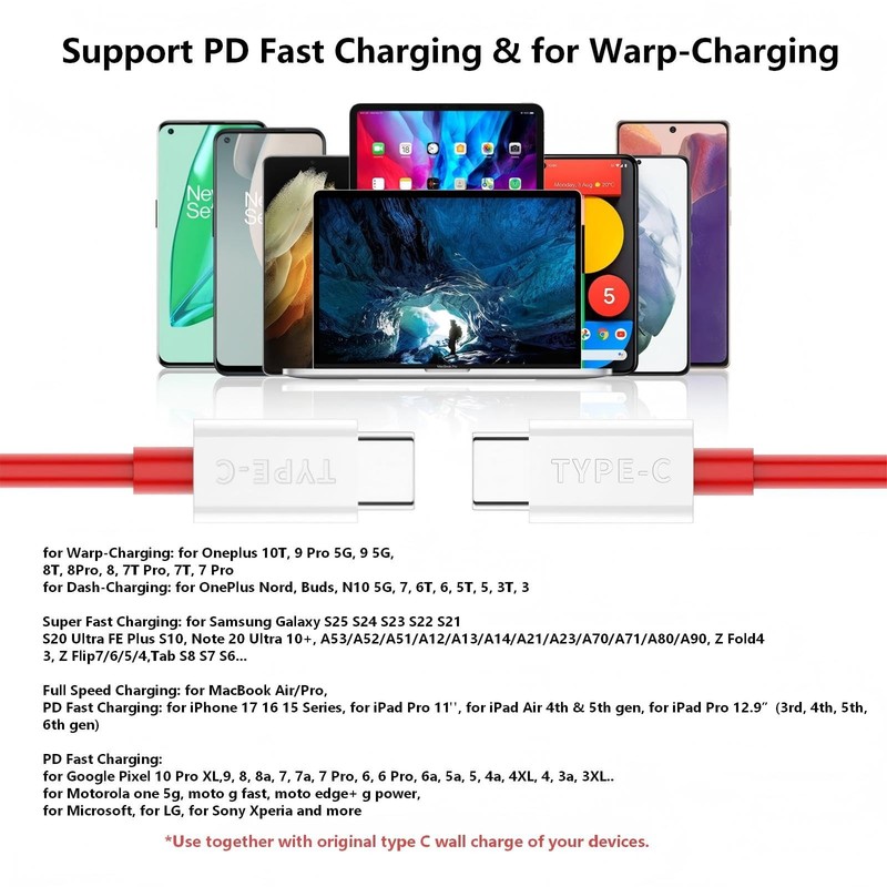 USB-C to USB-C Cable for OnePlus 10T 6.6FT, 2-Pack Type C Cable for Warp-Char... gallery