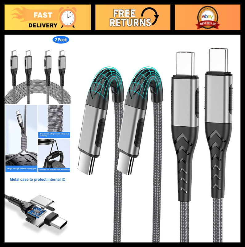 10ft USB C Charger Cable 2-Pack – 100W Fast Charging for Android/iPhone/Pad