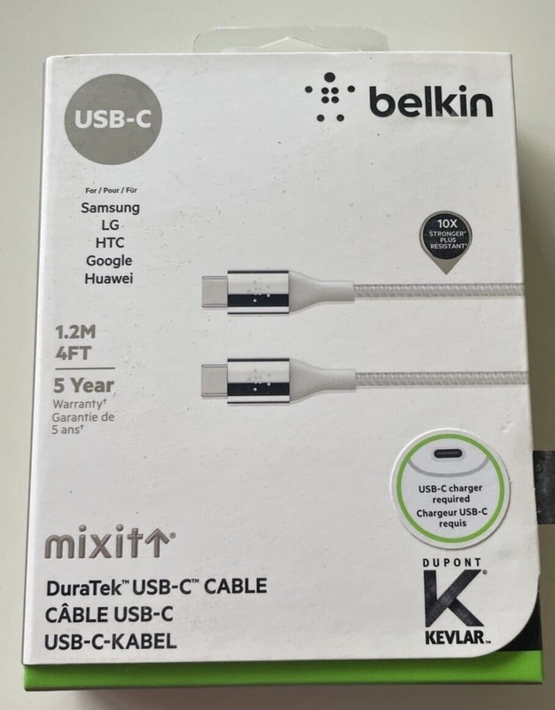 NEW Belkin MixIt DuraTek Kevlar Gold USB-C to C 4′ Ft Braided Sync Charge Cable