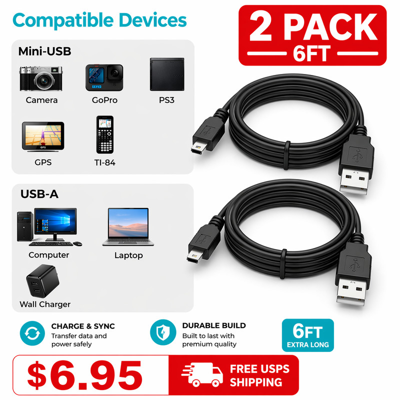 6FT Mini USB Charging Cord for PS3 DualShock Playstation 3 Wireless Controller