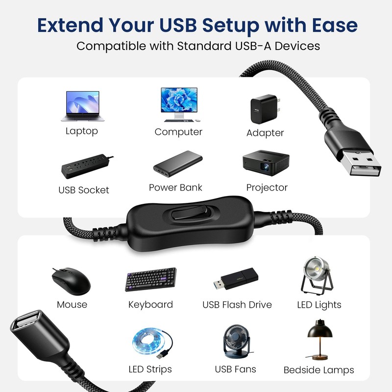 USB A Male-to-Female Extension Cable with On/Off Switch 10FT/3M gallery