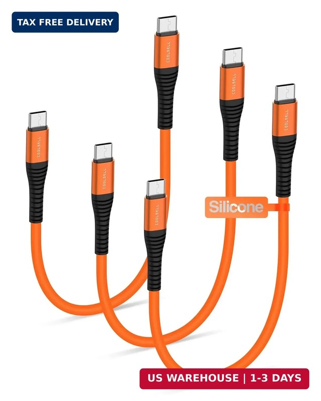 Silicone USB C Cable Short 6 inch 3 Pack, 60W Fast Charging USB C to Type-C Cord