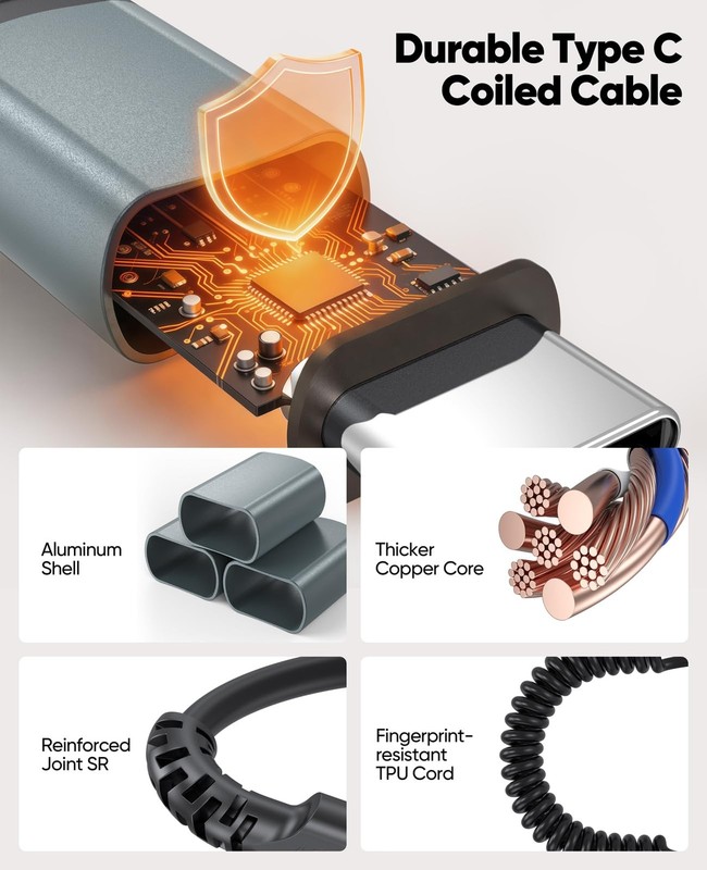 USB C to C Coiled Cable 6ft-1.5ft, 60W Fast Charging Short 6 Feet gallery