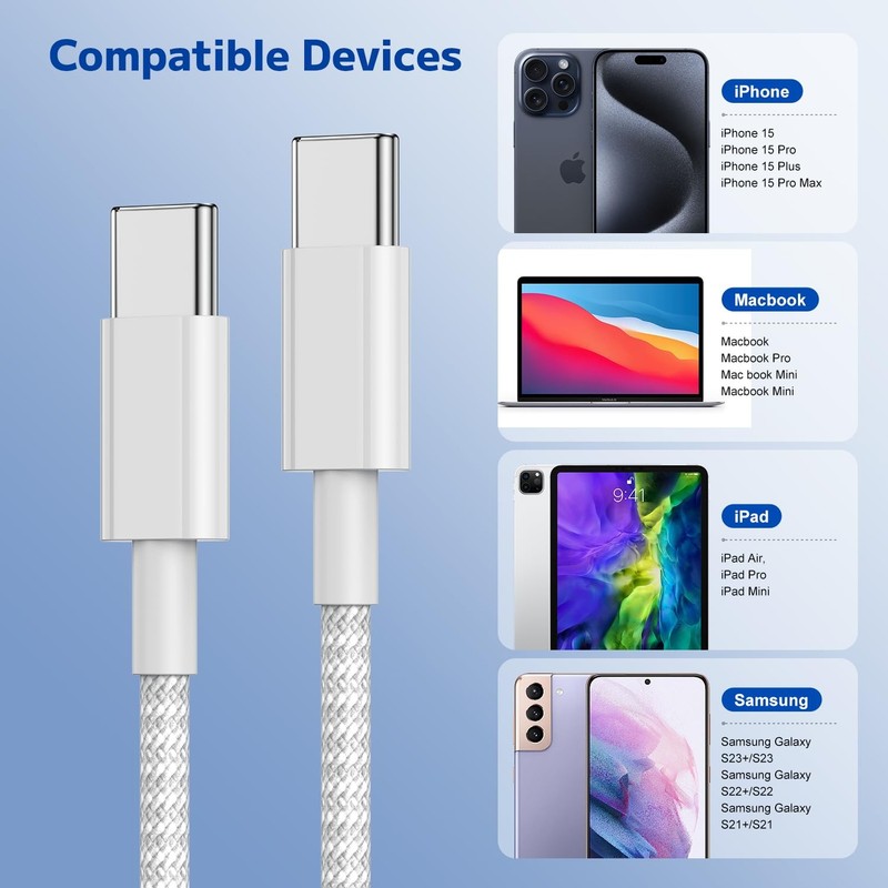 10ft 60W Long USB C to C Fast Charger Cable Type C Charging Cord Supply Wire gallery