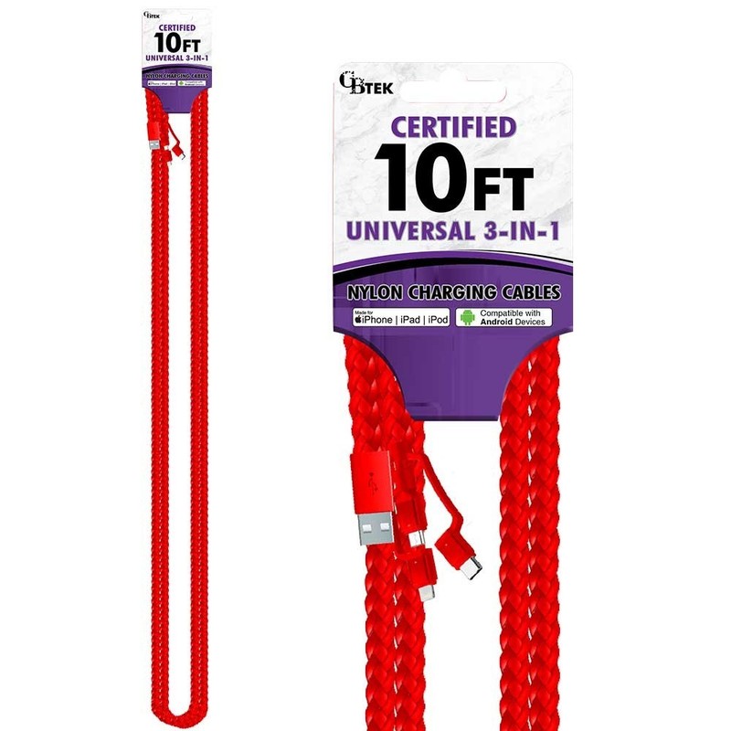 CBTEK 3-in-1 10ft Nylon Hanging Charging Cables - Fast Charging gallery