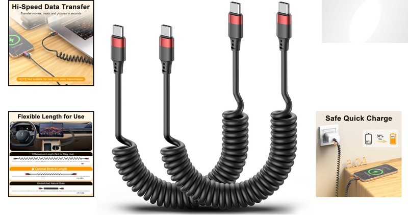 USB C Coiled Cable 2-Pack - Retractable Fast Charge 3A for Smartphones & Car gallery