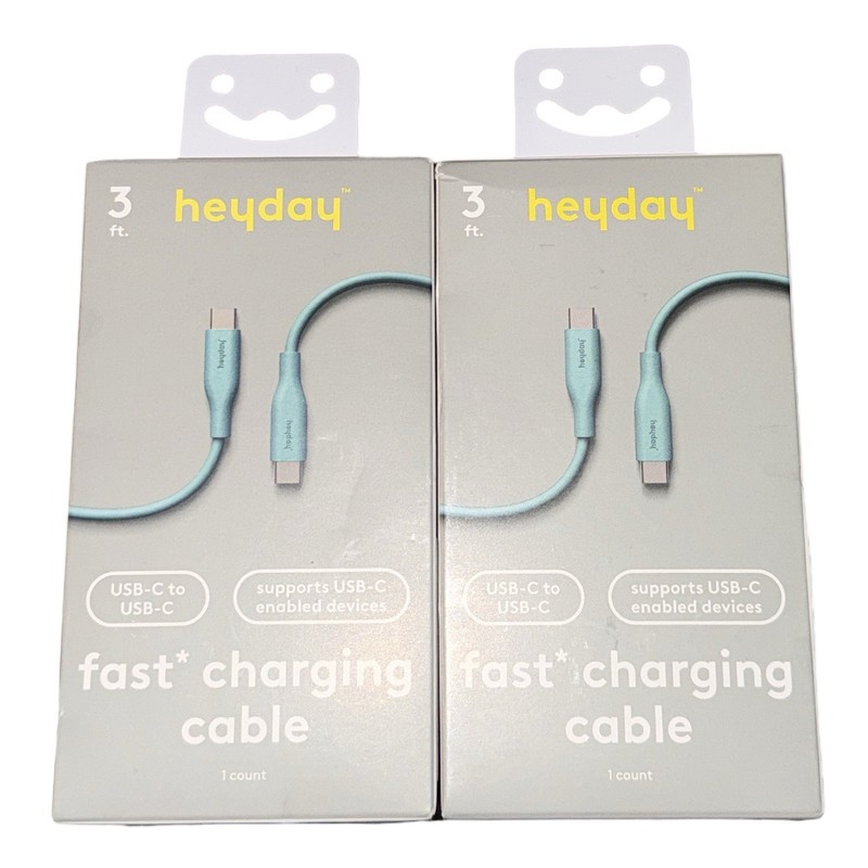 2 PACK Heyday 3 FT Fast Charging Cable USB-C to USB-C ~ Spring Teal ~ New In Box