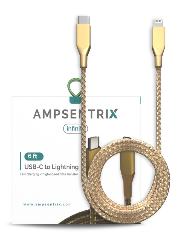 AmpSentrix – 6 Ft Non-MFI USB Type C To Lighting Cable (Infinity) (Gold)
