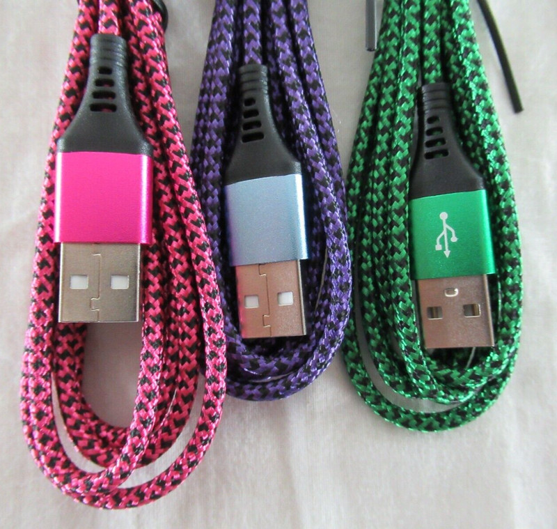 AILKIN Micro USB 6 Foot Charging Cables Lot of 3 Pink Purple Green Nylon NEW gallery