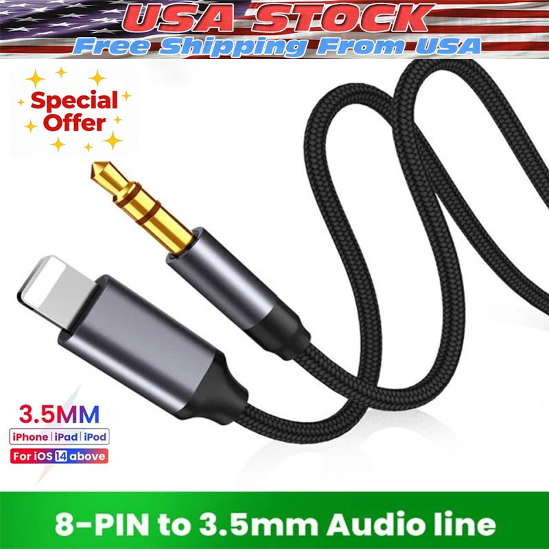 8 Pin to 3.5mm AUX Audio Car Adapter Cord For iPhone 13 12 11 Pro Max 7 8 X XR