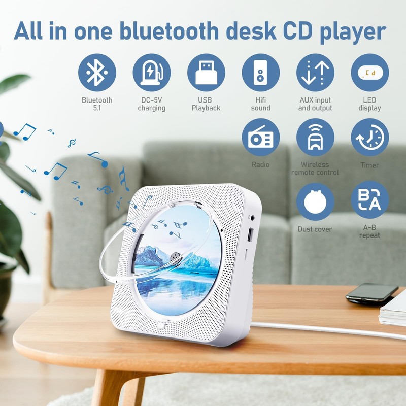 CD Player Portable Bluetooth 5.1 Desktop CD Player with HiFi Sound Speakers,R... gallery