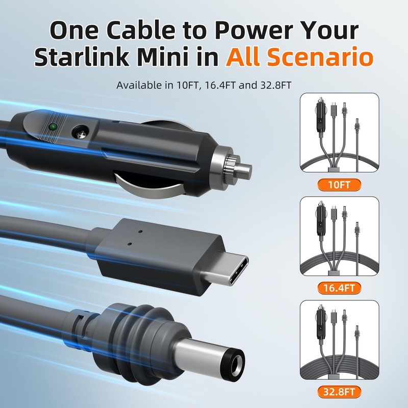 Starlink Mini 3-in-1 DC Power Cable 16FT, USB-12-24V Cigarette Lighter Plug &... gallery