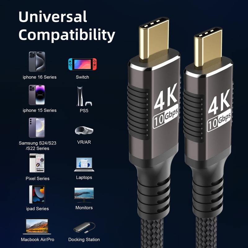 2 PCS 10 FT USB C to USB C Cable 10Gbps 100W 4K 60Hz Braided Charging Cord gallery