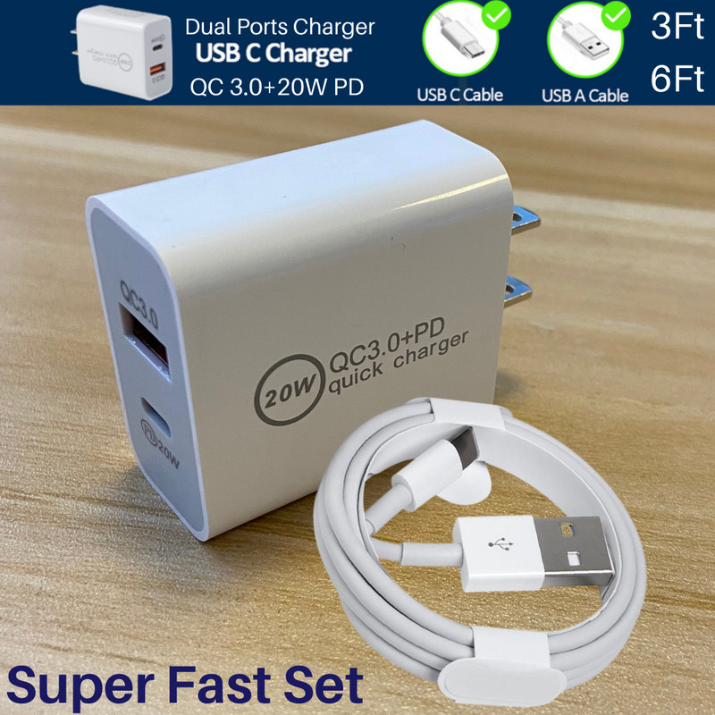 Dual Port QC 3.0 20W PD Fast Wall Adapter USB Cable For iPhone 12 11 8 7 Charger