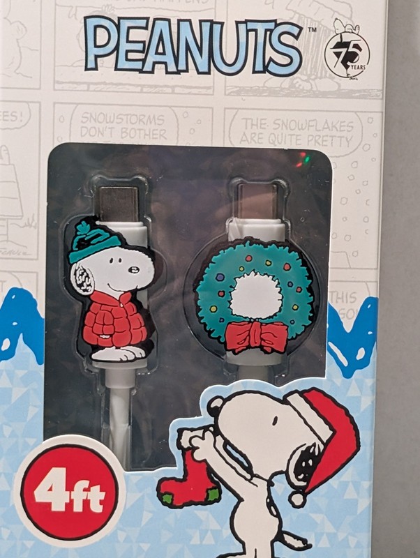New Peanuts Snoopy USB-C Charging Cable 4FT Holiday Wreath 75th Anniv. Christmas gallery