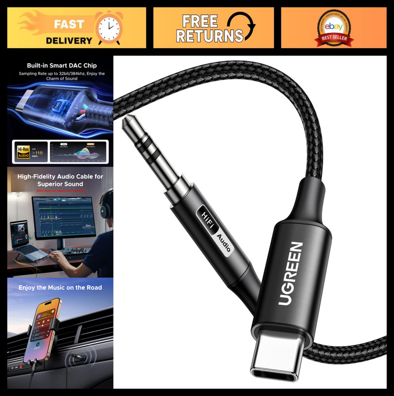 USB C to 3.5mm Aux Adapter, 3.3FT Braided Audio Cable, HiFi DAC for Car & Headph