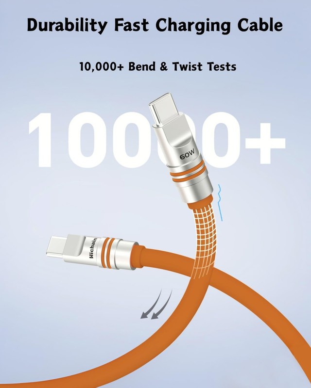 60W Fast Charging Cable 6.6 FT Orange Durable Soft Silicone USB Cable Extra T... gallery