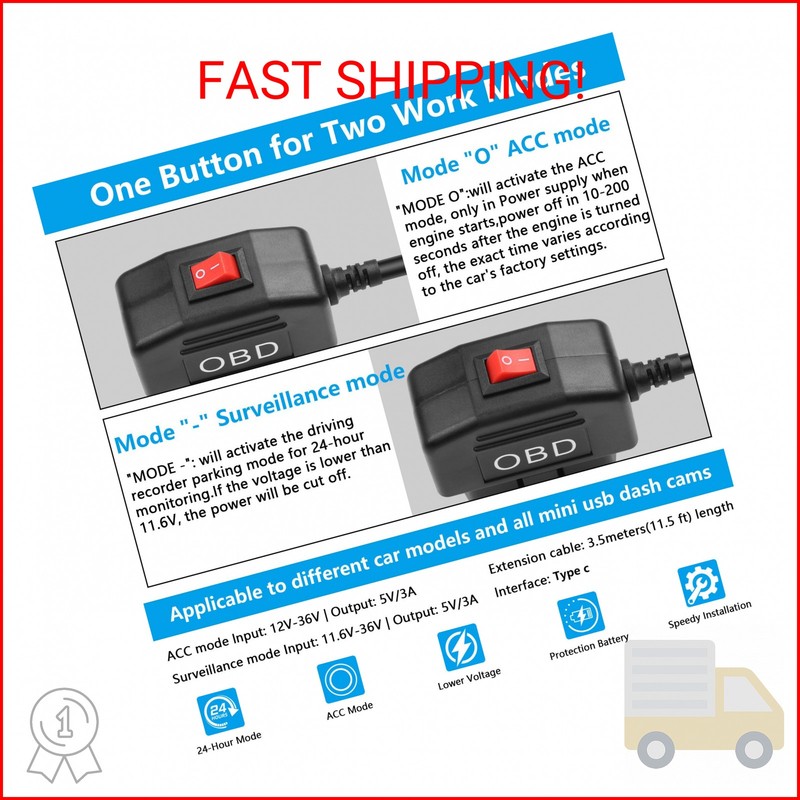 CERRXIAN OBD Power Cable for Dash Camera OBD2 to Type C Adapter Hardwire Charger gallery