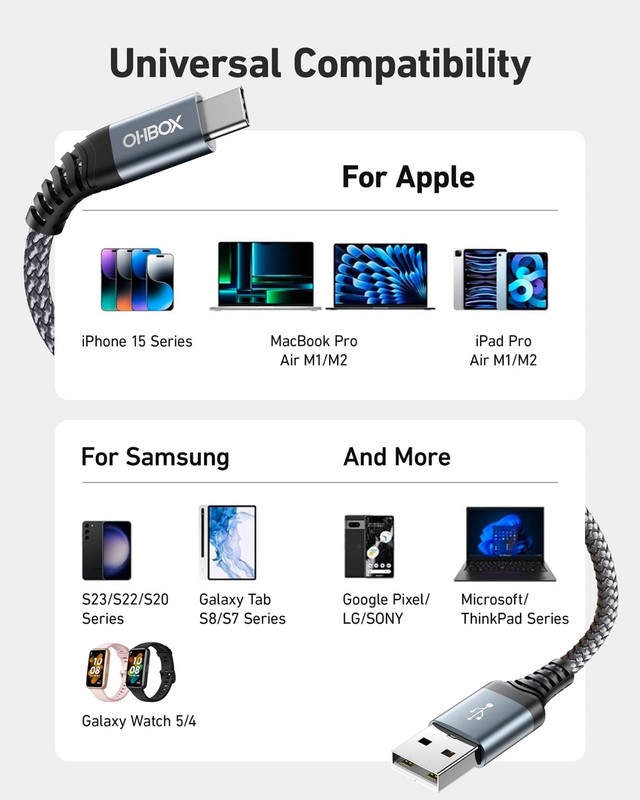 Fast Charging USB A to USB C Cable 1FT - 2 Pack, Durable Braided Type C Charger gallery