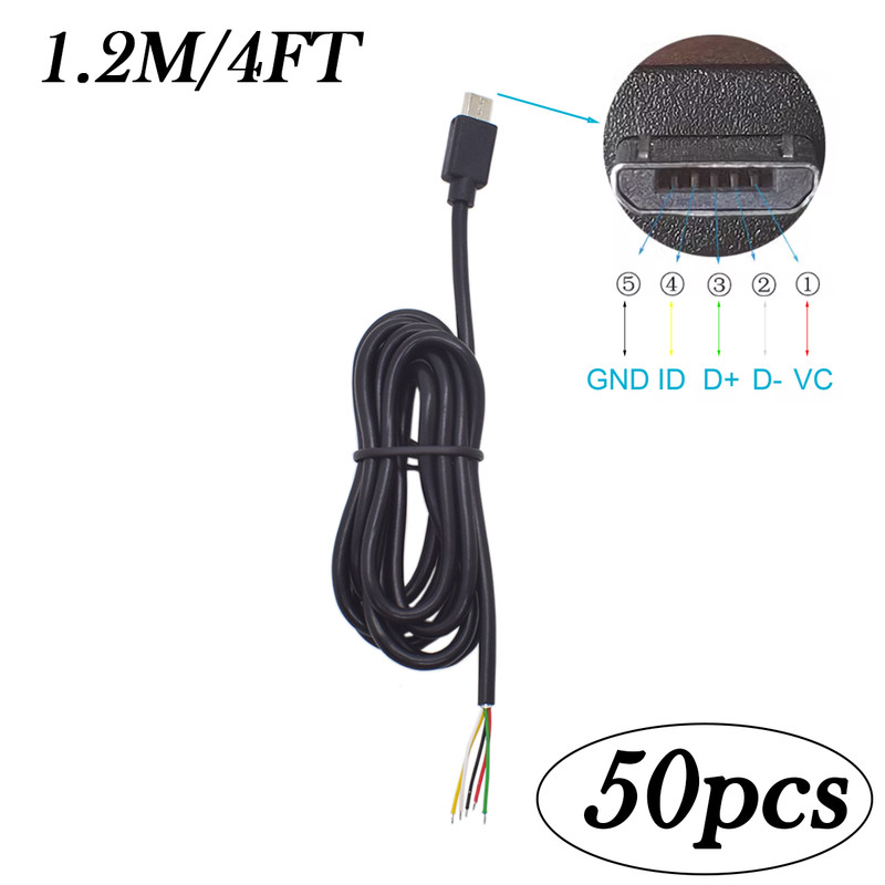 50x 1.2M/4FT Micro USB 5-Pin Male Pigtail w/ 5 Bare Wires for Phone Repair DIY