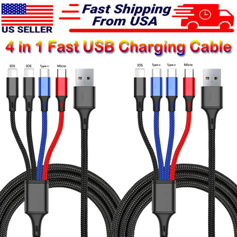 4 in1 Multi USB Charging Cable Fast Charger Cord For iPhone/Samsung/Type C/Micro