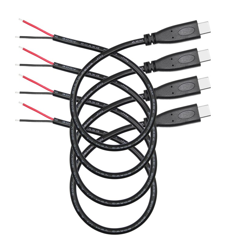 4 PCS 10 Inch Short USB C to 2 Pin Bare Wire Open End Power Cable 20AWG 5V/3A