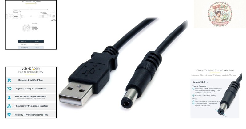Durable 3FT USB to Type M Barrel DC Power Cable - Perfect for All Devices gallery