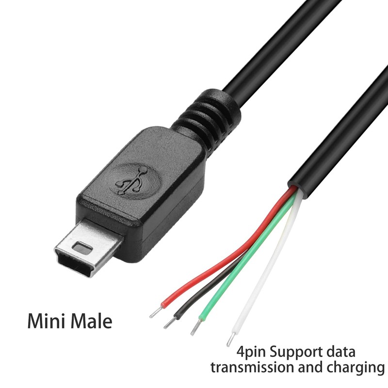 Mini USB Male Pigtail Power Cable, 1M, 3.3FT, 5V 2A, 4 Pin Open End, DIY Repair gallery