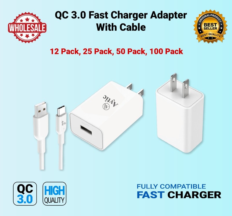 [12- Pack] Wholesale Lot QC 3.0 Fast Charger Adapter USB-A Port + Type-C Cable