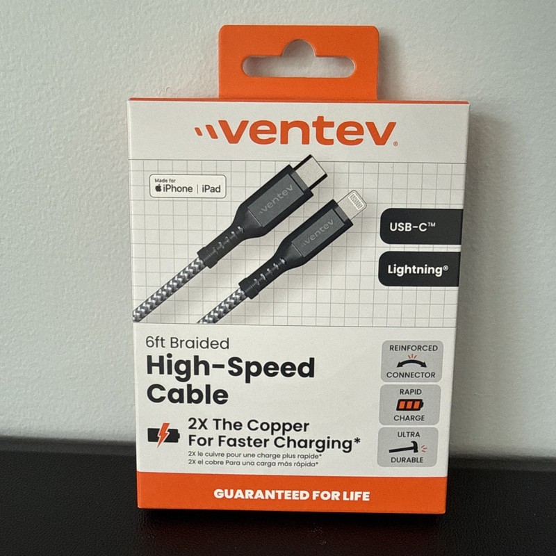 Ventev High Speed Braided Cable 6 Ft 2X faster Charging USB-C to 8 pin Connector
