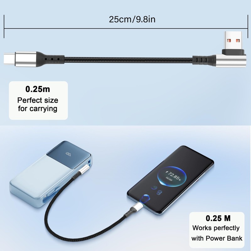 Short USB Type C Charging Cable USB A to C 6A Fast Charging 90 Degree 9.8in gallery