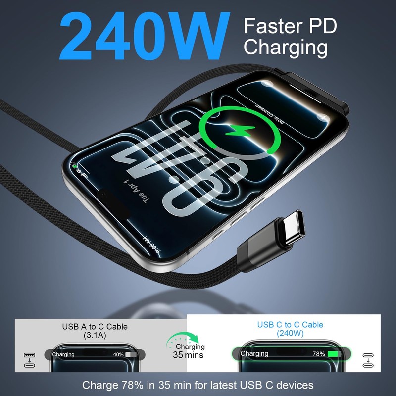 Invisible Stand Charger Cable 240w Fast Charging USB C to C Braided Black gallery