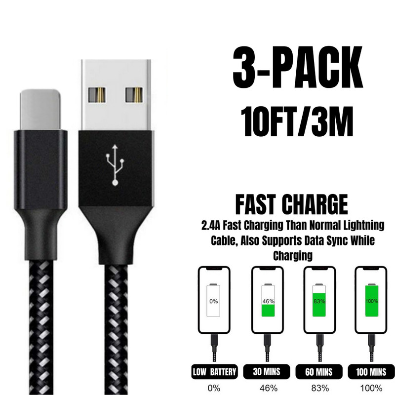 3Pack Fast Charger Cable For iPhone 14 13 12 11 XR 8 6 Heavy Duty Charging Cord
