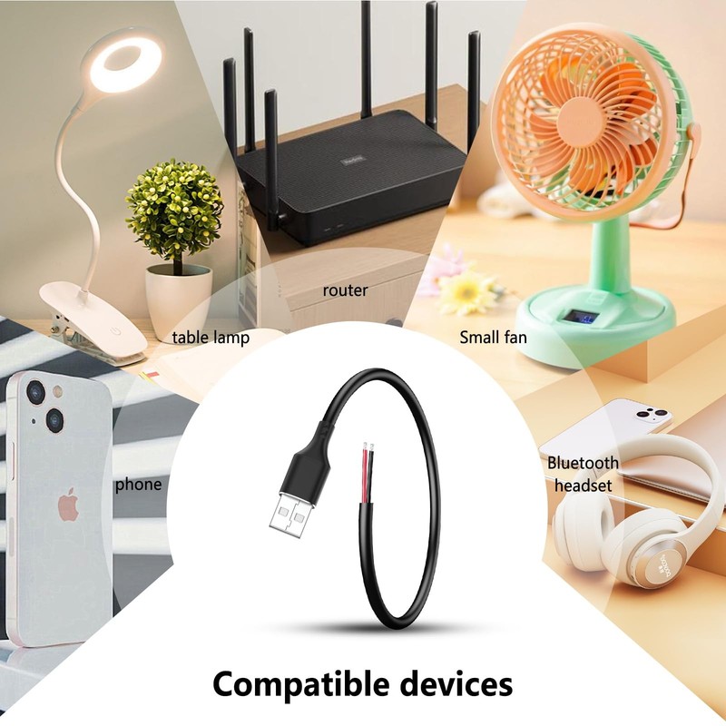 5 Pcs USB A Male to Bare Wire Cable - 12V/3A 30cm Open End Pigtail Power Cord... gallery