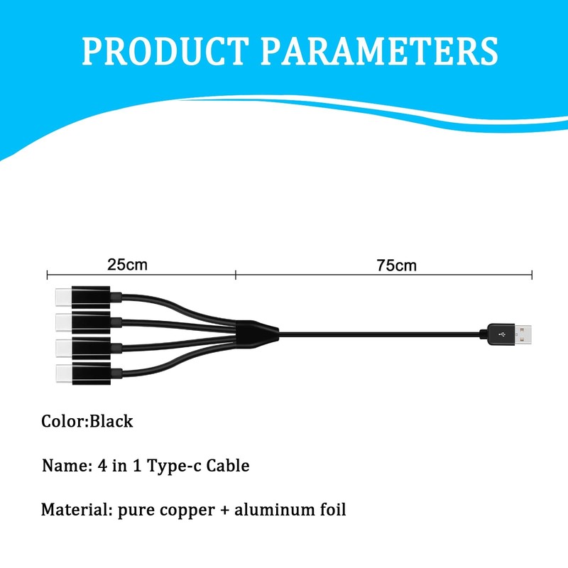 Black USB C Splitter Cable 4 In 1 Multi Charging 2.0 A Male To C 3.28 Ft Cord gallery