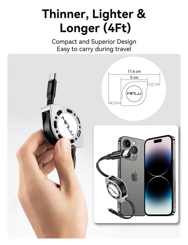 Retractable USB C to USB C Cable4 Ft, 2Pack,100W USBC 5A Fast Charging Cord gallery