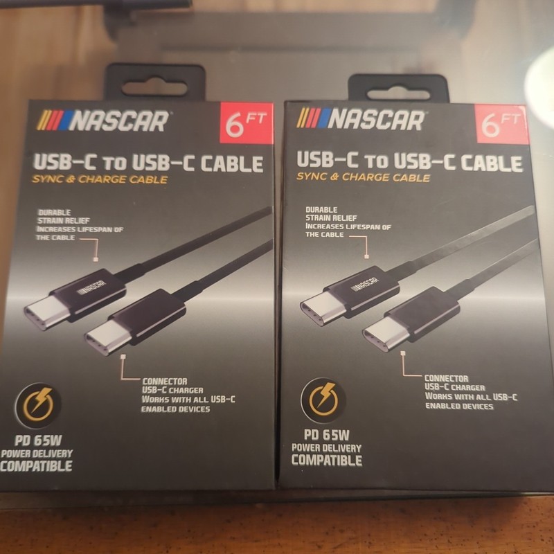 Lot Of 2 Nascar 6ft Type C To Type C Charging Cable - Black - NEW IN BOX gallery