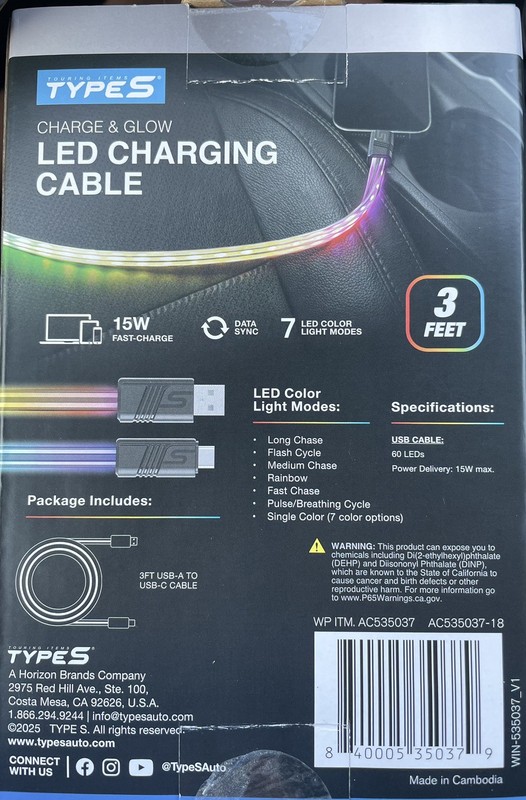 TYPE S Charge & Glow 3FT USB-A to USB-C Charging Cable with LED Glow NEW gallery