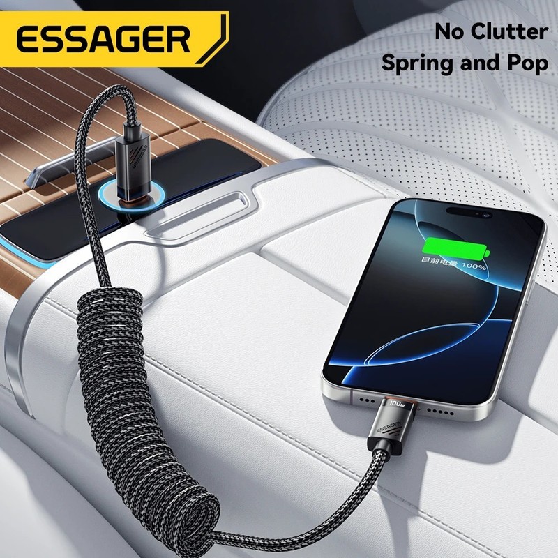 100W USB-C to USB-C Car Charger Cable Coiled Spring Fast Charging PD Type-C ¢ gallery